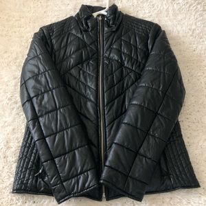 Reversible Leather Puffer with water resistant liner. Removable hood included.